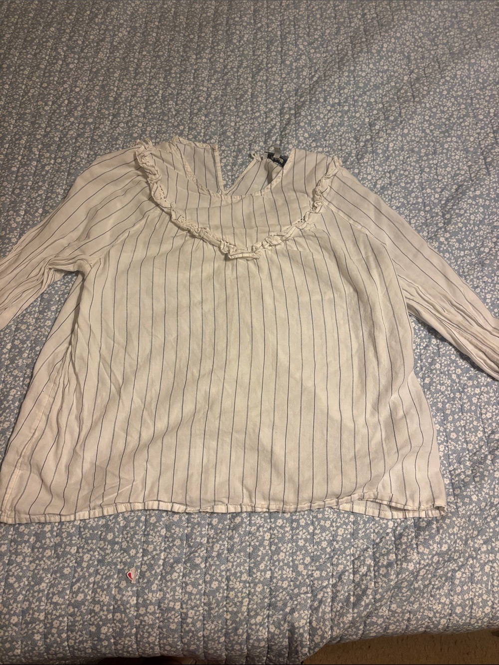 Striped Cream Ruffle-Accent Women's Blouse
